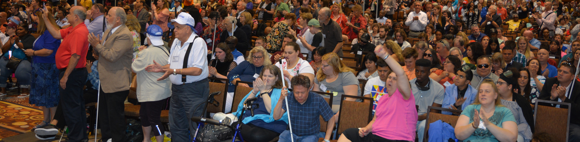 A large group of NFB members clap and cheer during a convention meeting.